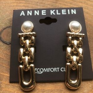 Anne Klein EZ comfort clip earrings, gold, pearl accent